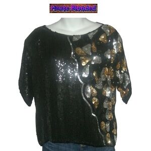 J.L.B. Vintage 80's Sequin Blouse Avante Garde VTG Beaded Art Deco Silk Flapper